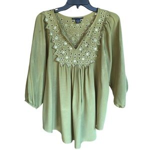 Grace Elements Sage Green Top V-neck Embellished Geometric Yoke Size Medium